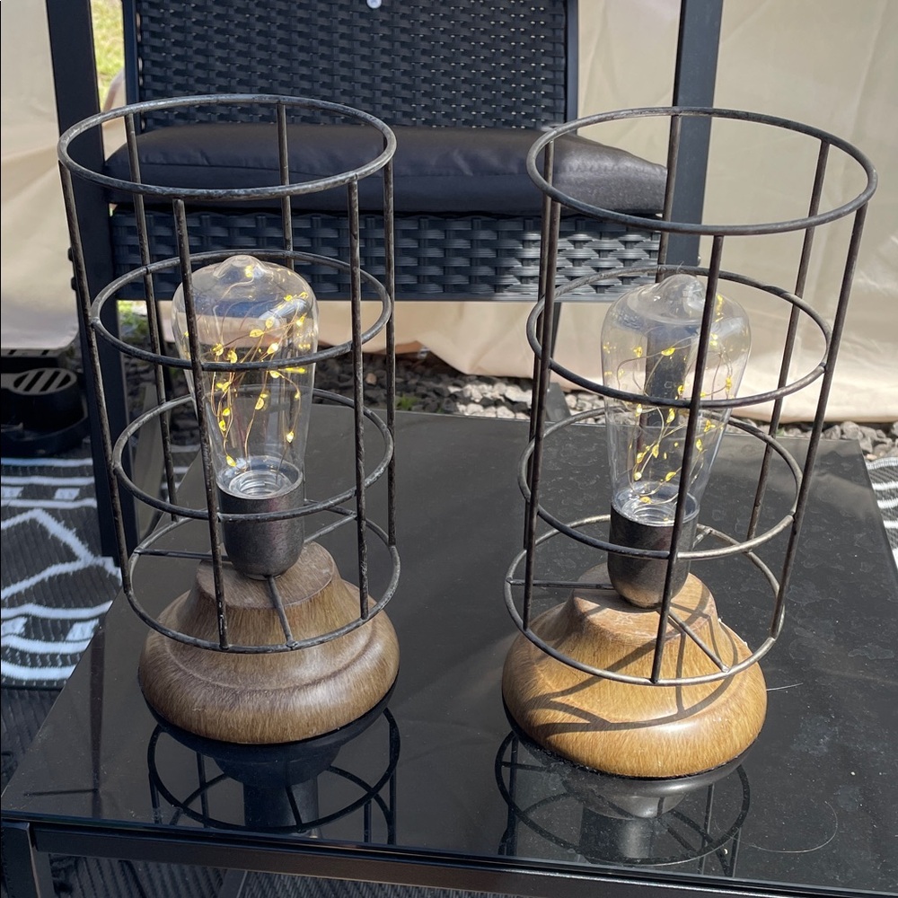 Rustic Brown Cage Table Lamp battery operated, set of 2